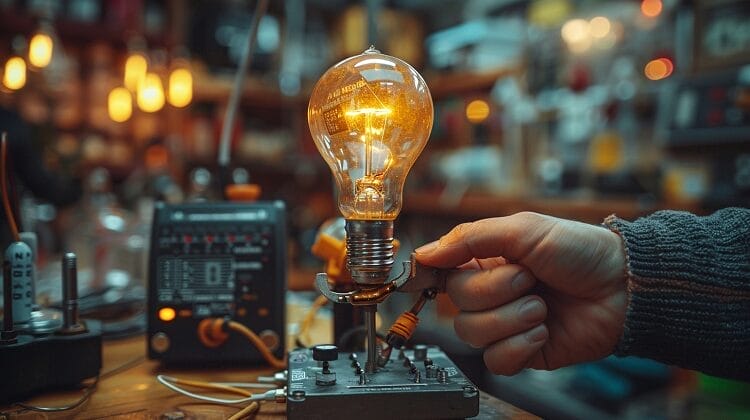 Hand using a multimeter to test a light bulb, with the voltage reading visible on the display.