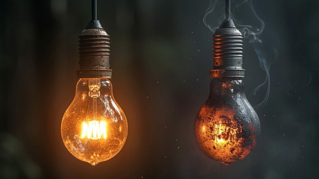 Image of a glowing LED bulb next to a burnt-out incandescent bulb, underlining the difference in longevity and durability.