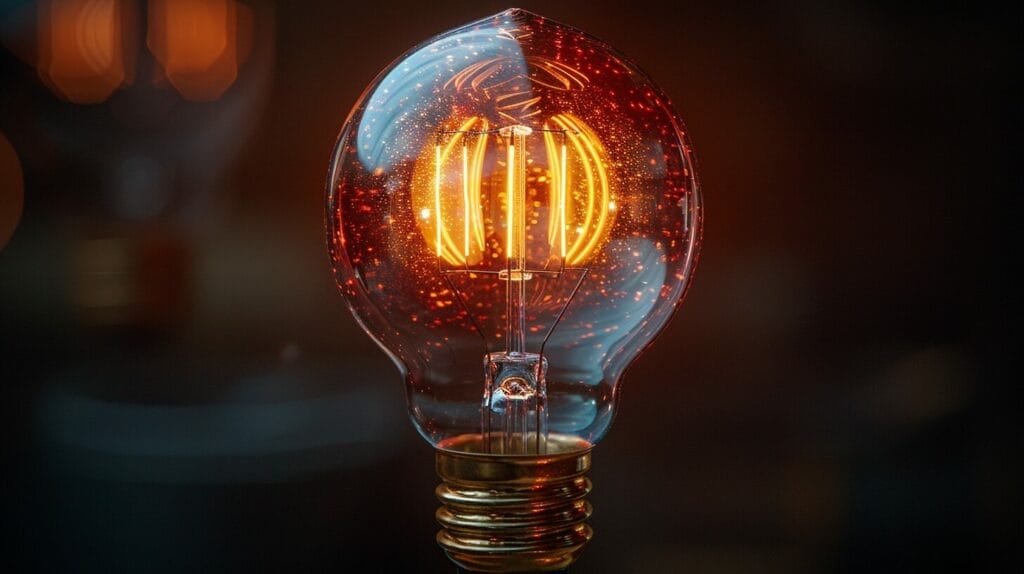 Incandescent bulb radiating warm yellow light and heat, with a red-orange glow around the filament against a dark background