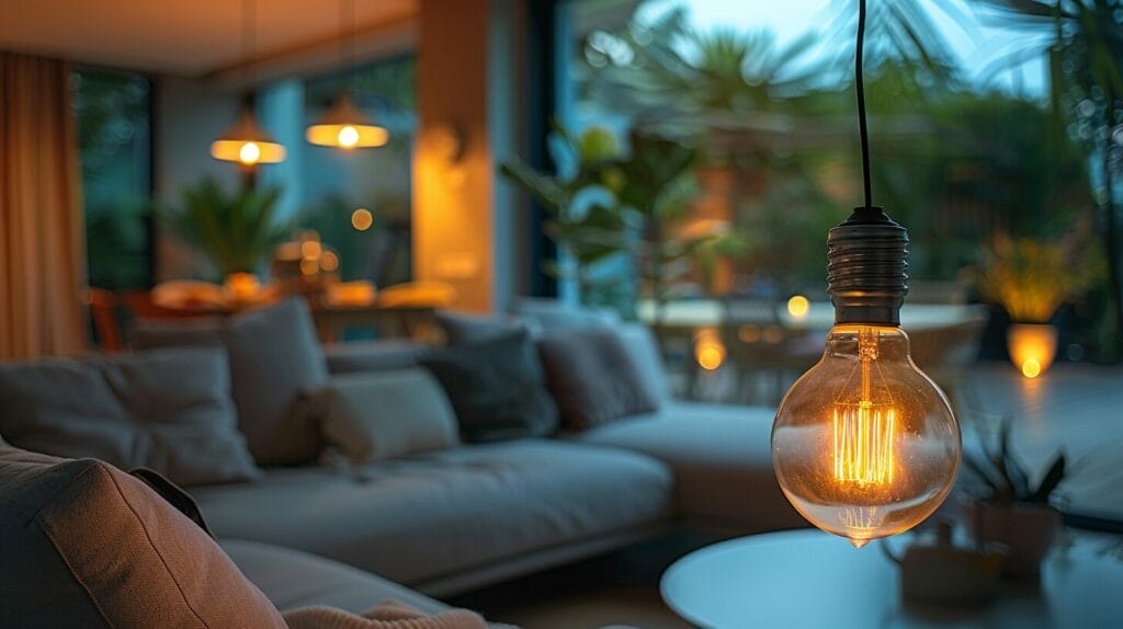 Lit living room with LED, CFL, and incandescent bulbs, each labeled with wattage and hours of use.