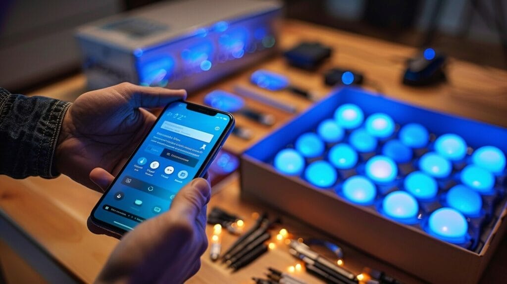 Person holding a smartphone with the Alexa app, preparing to set up smart light bulbs, with setup tools on a table.