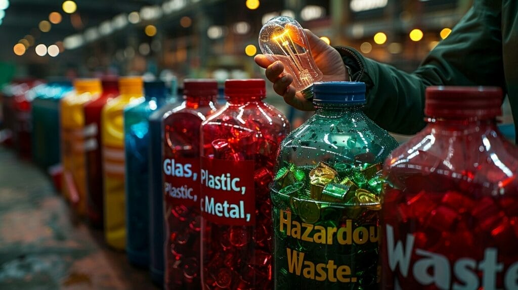 Person holding halogen bulb surrounded by labeled recycling bins, with a recycling center in the background.