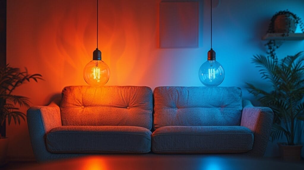 Traditional incandescent bulb casting a warm glow in a dimly lit room, next to LED bulbs emitting cool, energy-efficient light in a brightly lit room.