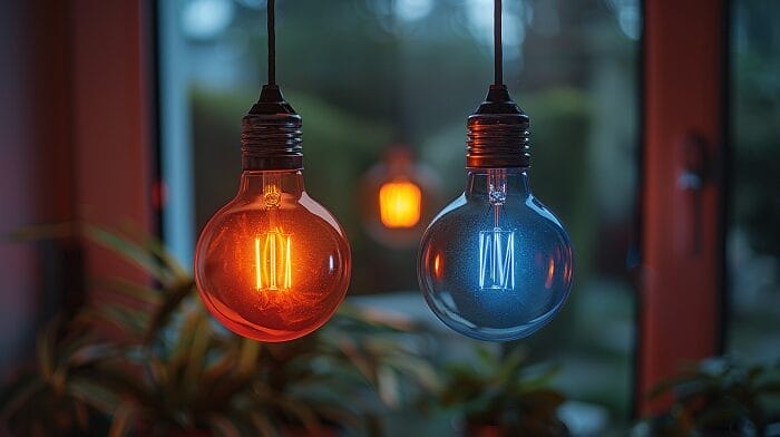 Two contrasting light bulbs, one dim with high wattage and low lumens, the other bright with low wattage and high lumens.