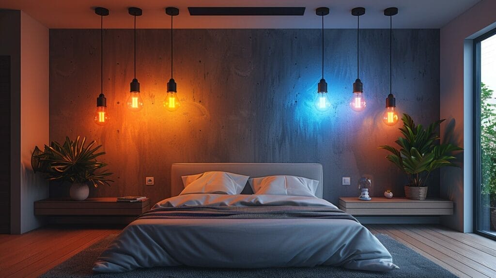 Warm white, cool white, and daylight bulbs illuminating a bedroom.