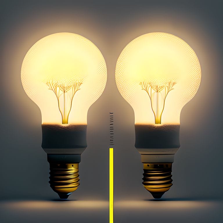 depicting two light bulbs with varying brightness levels