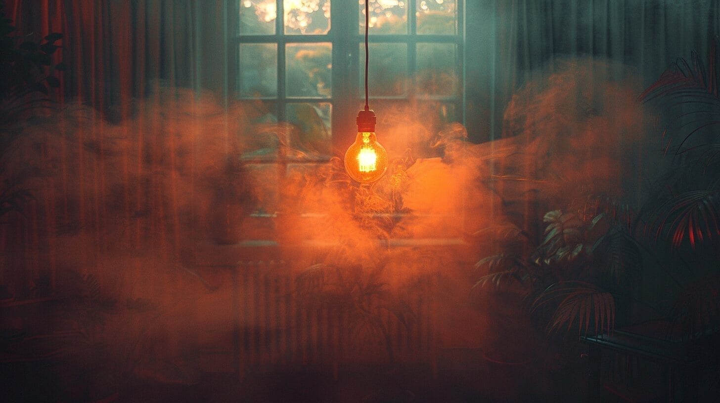 flickering bulb in dim smoky room.