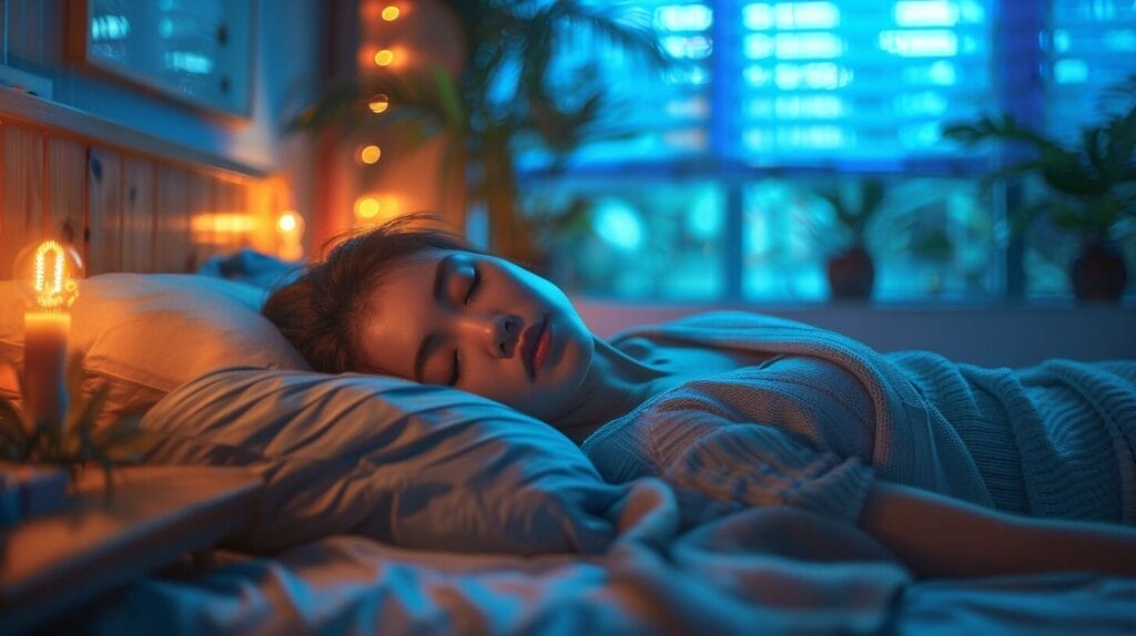 Bedroom with blue and green LED lights, person resting.