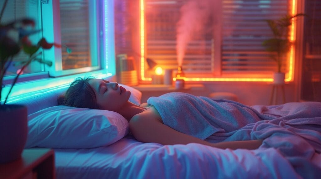 Bedroom with blue and green LEDs, person with damp cloth on forehead.
