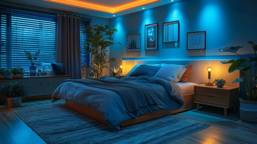 Bedroom with cool blue LED light, comfortable bed, ambient lighting.