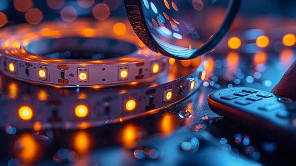 Close-up inspection of LED strip malfunction, hand with remote control.