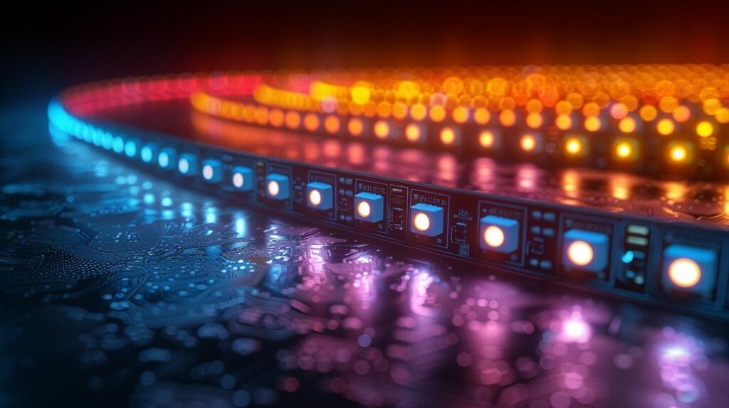 Close-up of colorful glowing LED strips highlighting circuitry and durability.