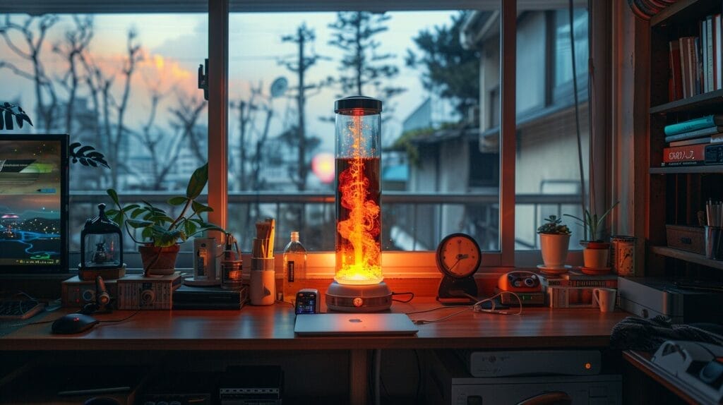 Cozy room with glowing lava lamp, clock showing time, and power outlet.