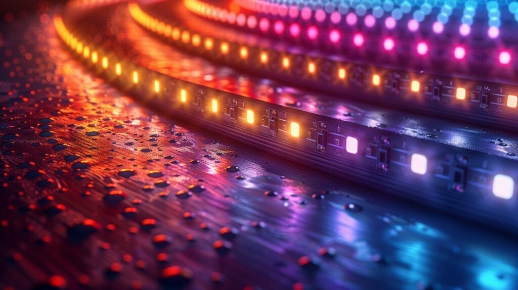 Detailed view of LED strips with focus on power supply and connectors.