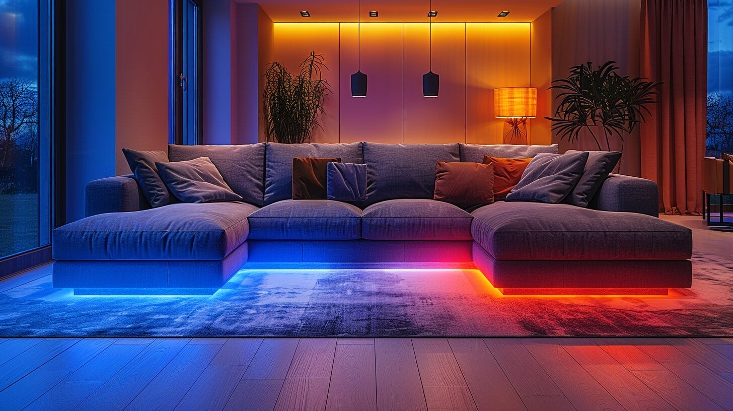 Dimly lit room with colorful LED strips highlighting longevity.