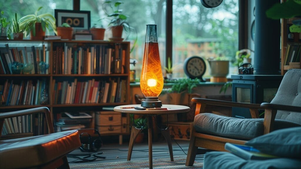 Dimly lit room with vintage lava lamp on side table, books, clock, and armchair.