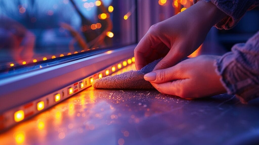Hands cleaning LED strip lights with a cloth to enhance longevity.