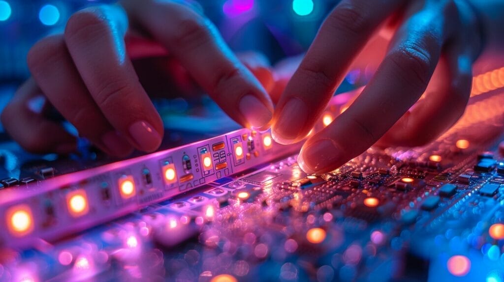 Hands pressing reset on LED strip controller, colorful ambient lighting.