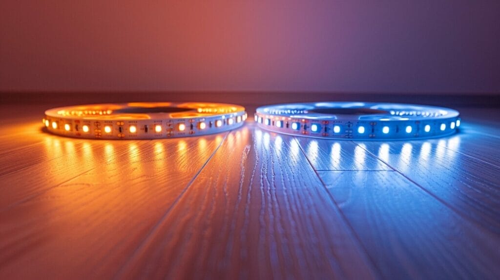 High and low quality LED strip lights side by side, showing brightness and stability differences.