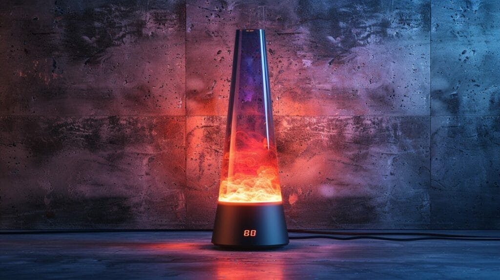 Lava lamp on level surface, timer, cord safety.