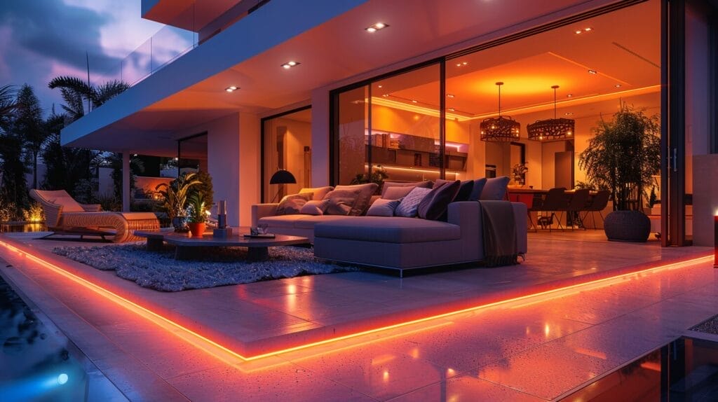 Living room with LED strips enhancing architectural features.