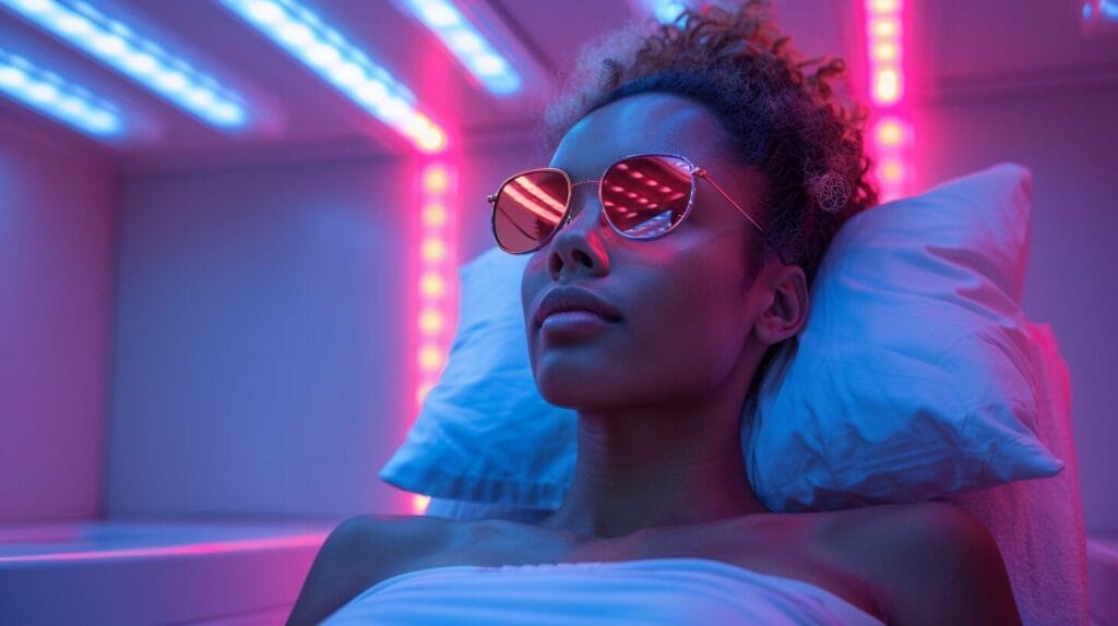 Person under soothing blue and pink LED lights for headache relief.
