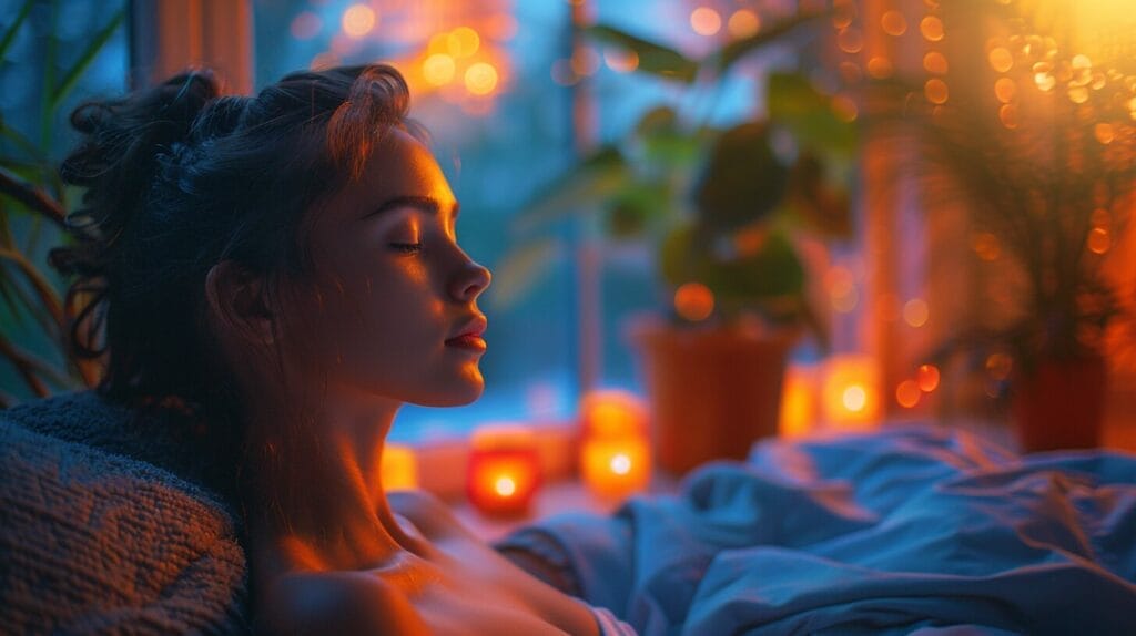 Relaxed person in a room with soft, warm-toned LED lights for potential headache relief.