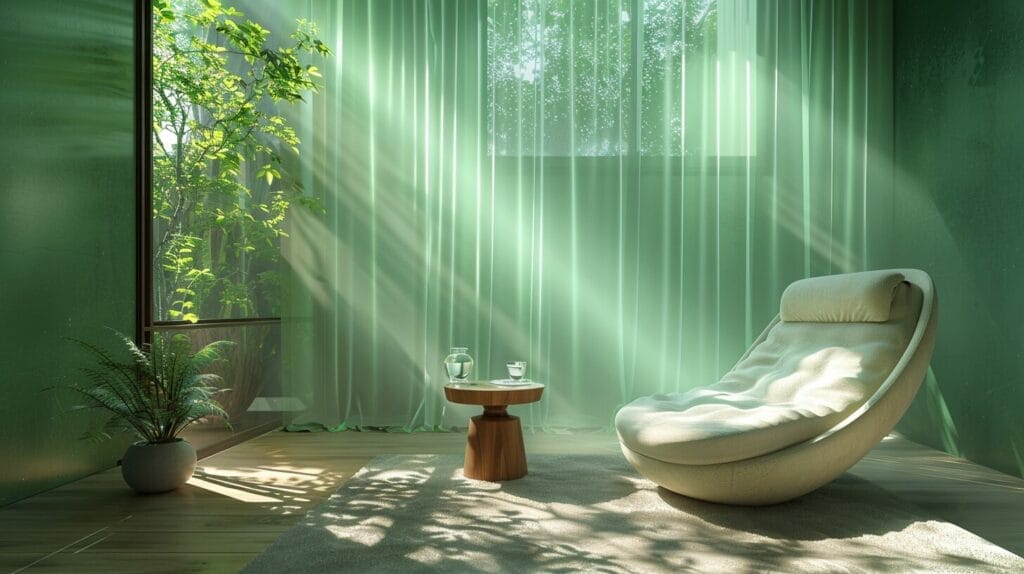 Serene room with green LED lights, cozy chair, and water.