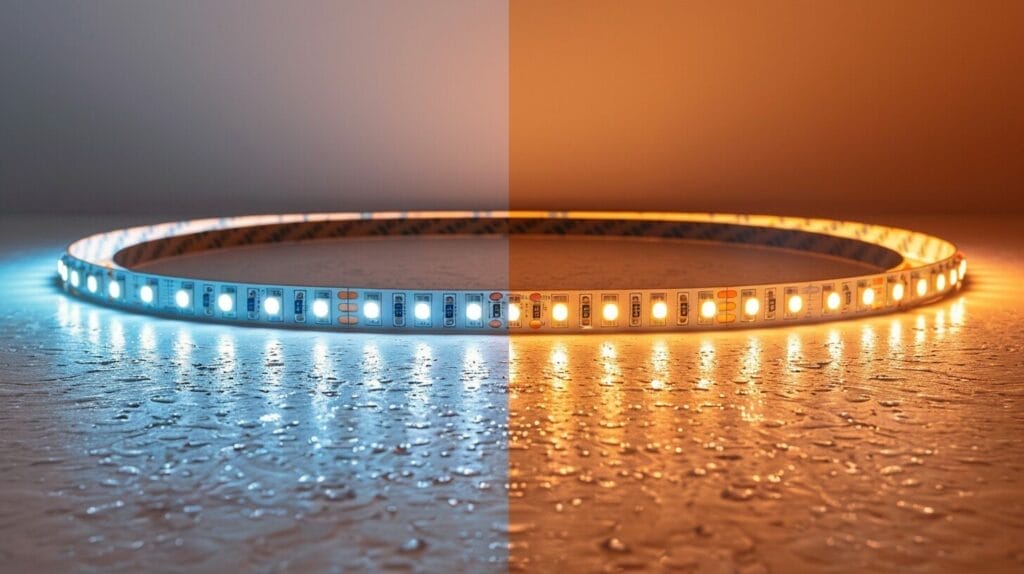 Two LED strip lights with different energy settings showing varied brightness and lifespan.