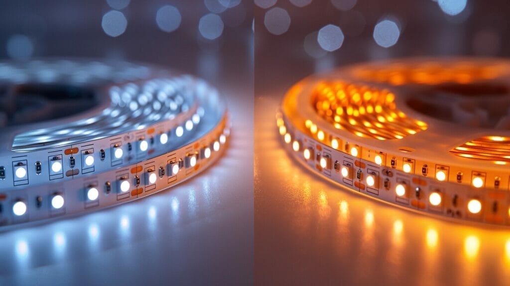 Two identical LED strip lights, one dimmed and one bright, showing wear differences.