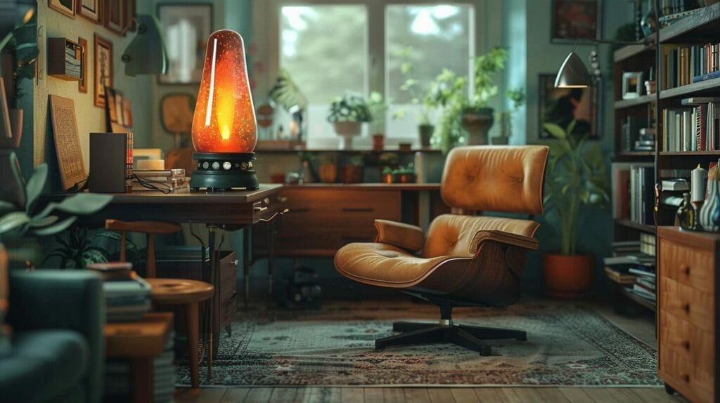 Vintage dimly-lit room with colorful lava lamp on desk, books, and armchair.