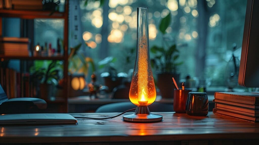 Vintage lava lamp on wooden desk with cozy ambient lighting and rising bubbles.