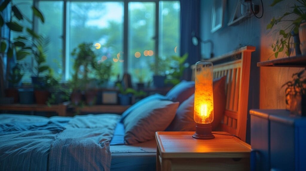 A cozy bedroom at night with a lava lamp softly glowing on a bedside table, creating a peaceful ambiance.