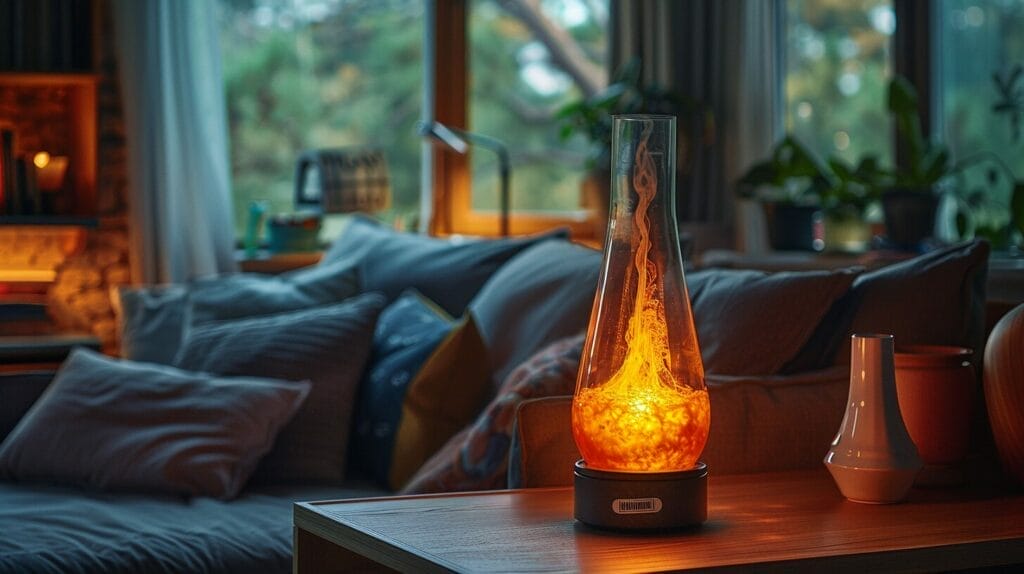 A cozy bedroom with a lava lamp casting a warm light from a nightstand, a clear safety sticker visible on the lamp base.