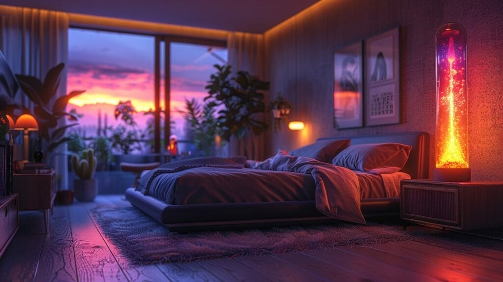 A dimly lit bedroom at night with a glowing lava lamp switched on next to the bed.