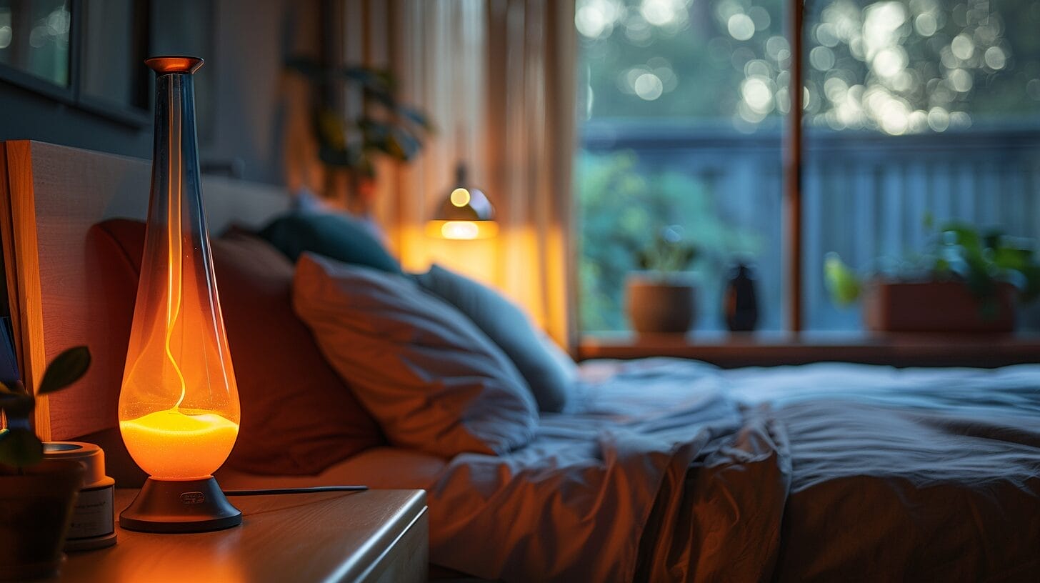 A dimly lit, cozy bedroom with a softly glowing lava lamp on the bedside table.