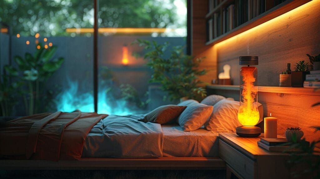 A peaceful, inviting bedroom with a lava lamp casting a warm, soothing light from a bedside table.