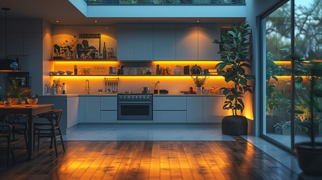 A residential kitchen filled with appliances running on a 24-volt power supply, emphasizing the pros and cons of high voltage in domestic and business environments.