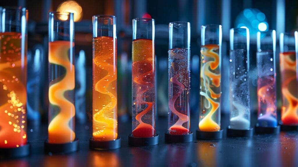 An illustration of the inner workings of a lava lamp, with colorful blobs of liquid in motion within a heated glass tube.