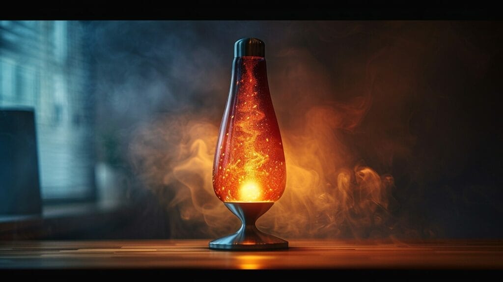 An image of a safely positioned lava lamp on a heat-resistant surface, away from flammable items, with clear plug and no visible damage.
