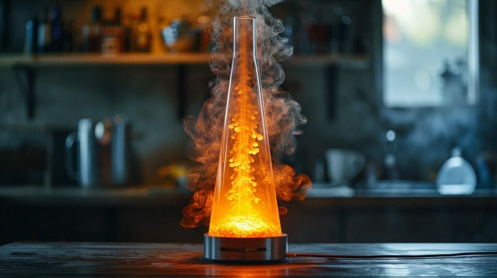 An image of an overheated lava lamp emitting smoke, surrounded by various warning signs and symbols.