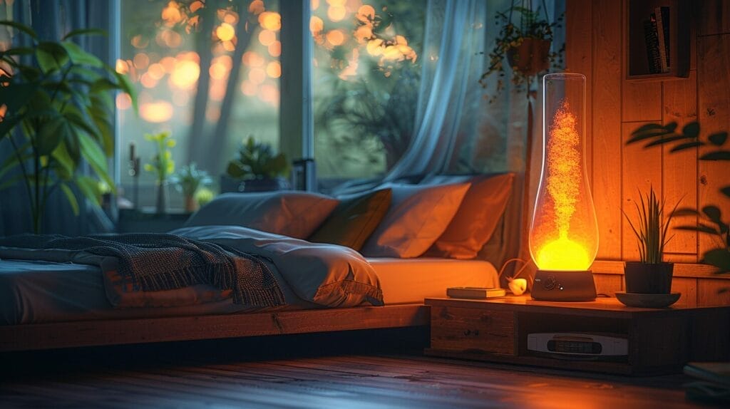 Bedroom, night, gentle lava lamp glow, warm shadows, inviting sleep.