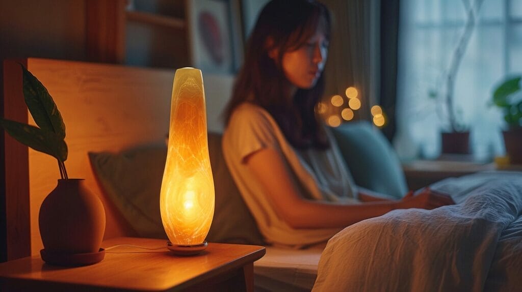 Bedroom, night, glowing lava lamp, gentle ambient light, hand adjusting lamp.