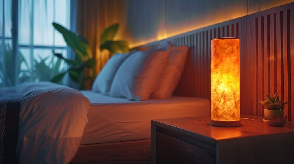Bedroom night, glowing lava lamp, warm light, calming ambiance.