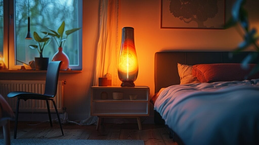Bedroom, night, softly glowing lava lamp, warm light, serene.