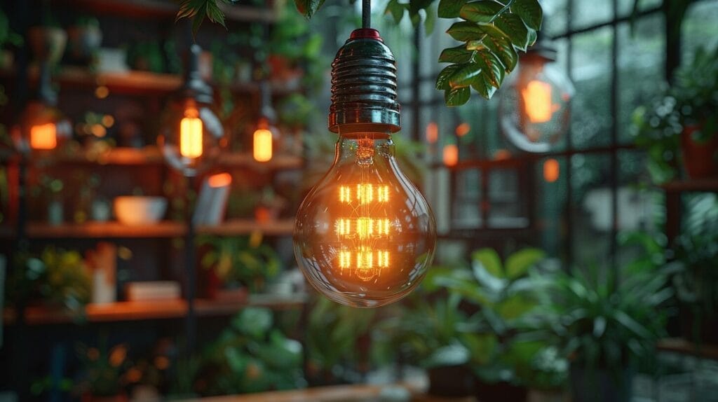 Close-up of a glowing LED light bulb with electricity icons, efficiency ratings, and green leaves in a dark room.