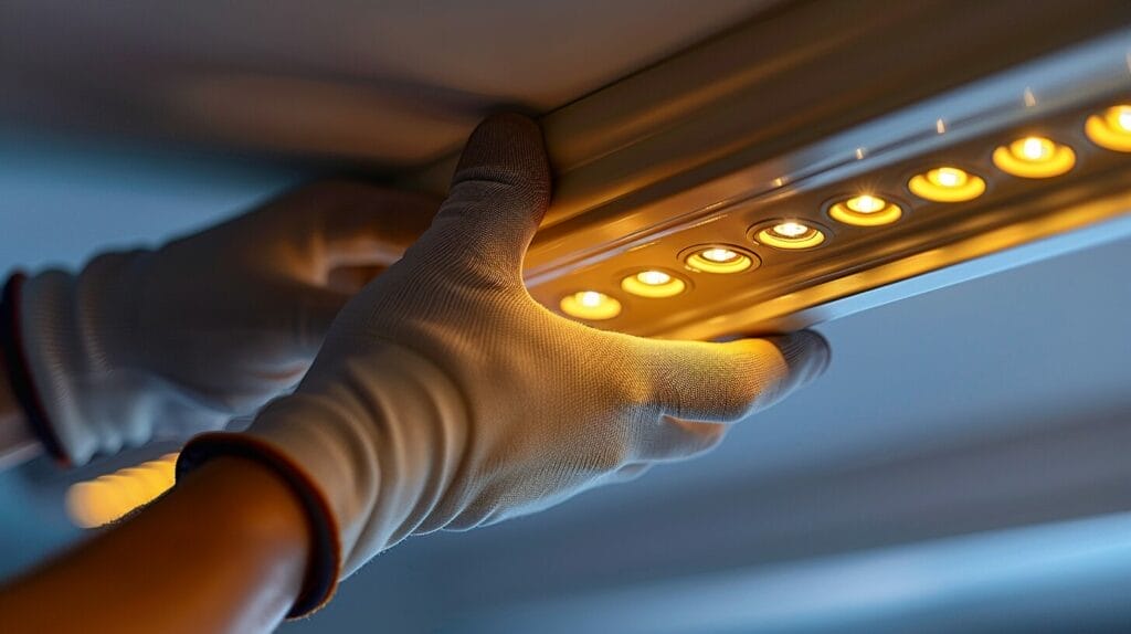 Close-up of hands struggling to remove a light fixture cover with broken clip.