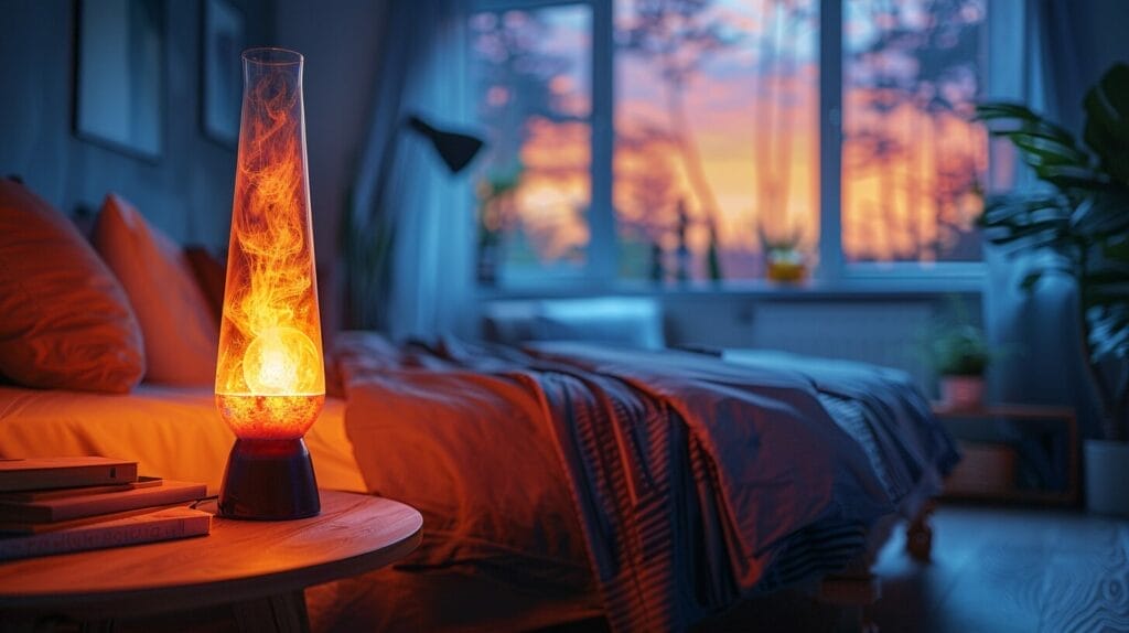 Cozy bedroom, night, lava lamp glow, warm ambiance.