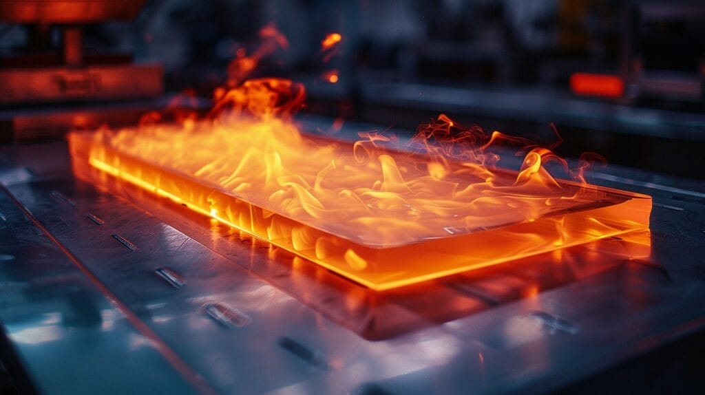 Red-hot flame against silicone material, demonstrating fire resistance with the silicone remaining unaffected.