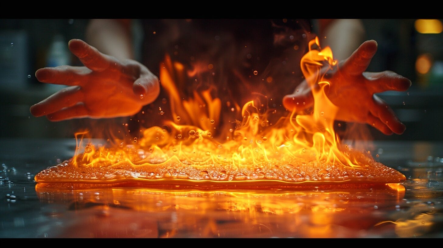 Vivid red flames interacting with unharmed silicone rubber material demonstrating fire resistance.